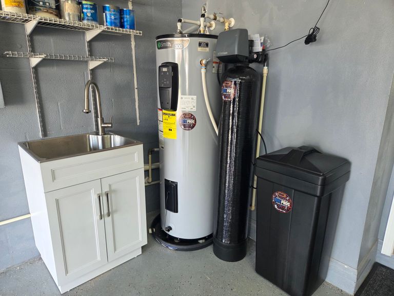 Water heater, water softener combo with utility sink install